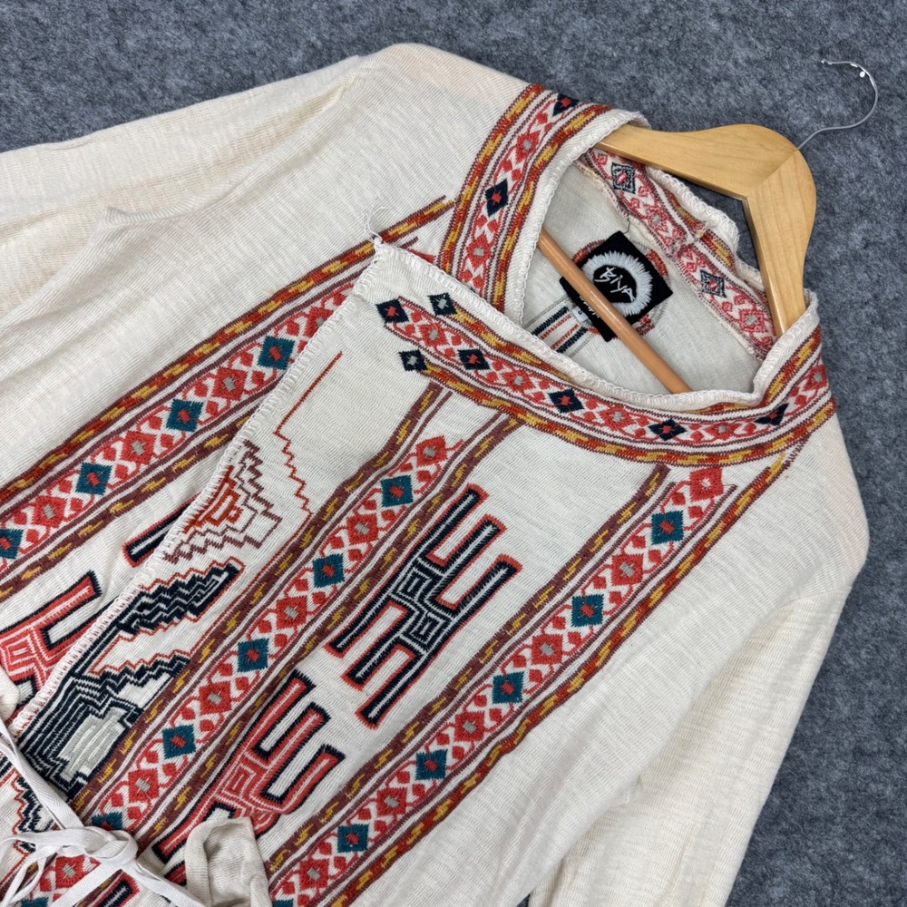 Biya Johnny Was Embroidered‎ Open Front Cardigan Sweater Belted Cream Size Small